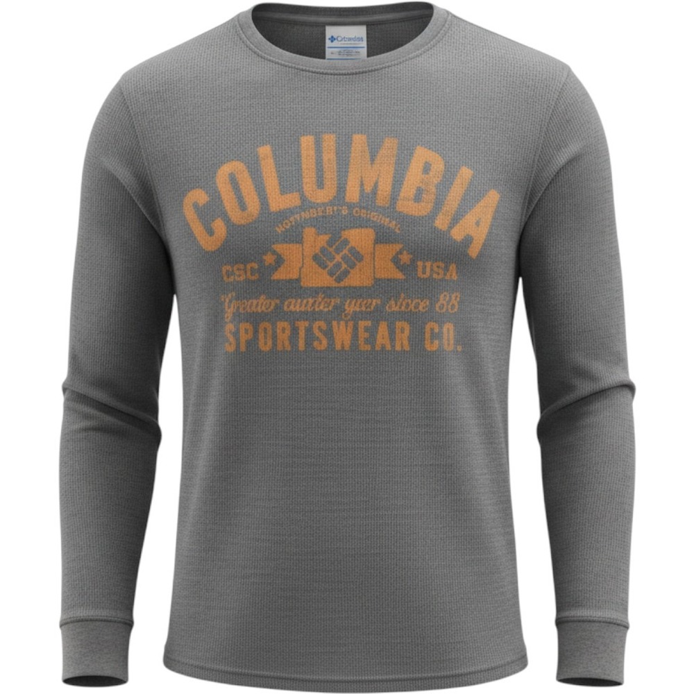 Columbia Thermal Shirt Mens S Heather Gray Orange Logo Waffle Knit Long Sleeve